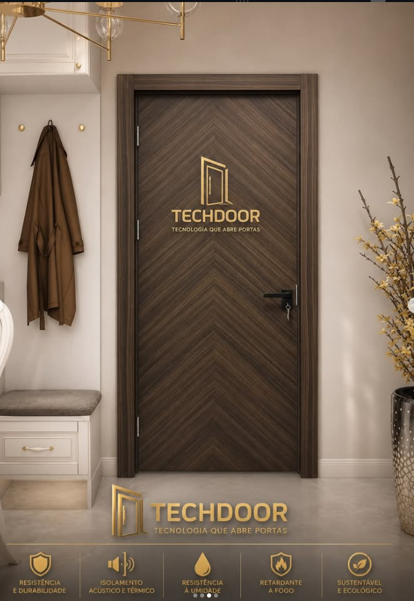 Porta de entrada em PVC e WPC com acabamento amadeirado