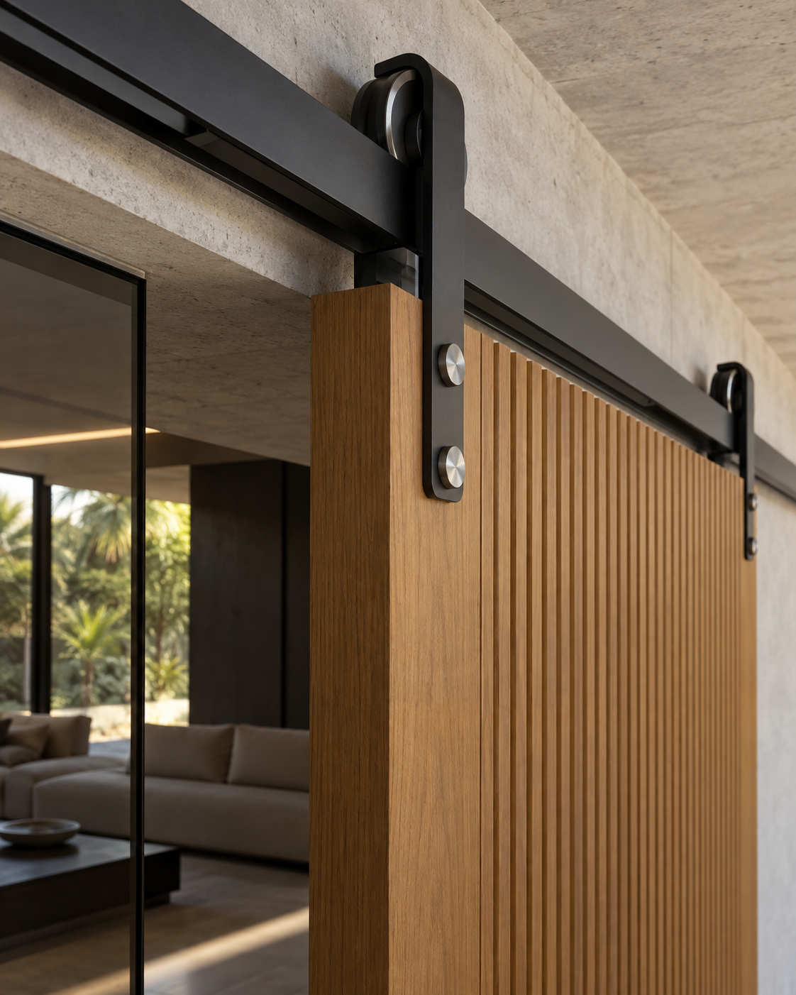 Detalhe de sistema deslizante em metal preto e porta de madeira